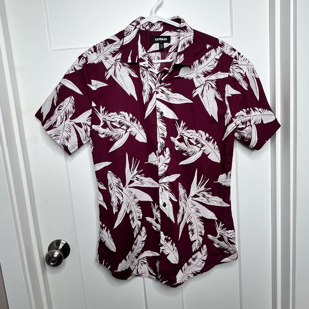Express Men's M Maroon & White Beach-y Buttonup - Vacation Shirt 100% Cotton